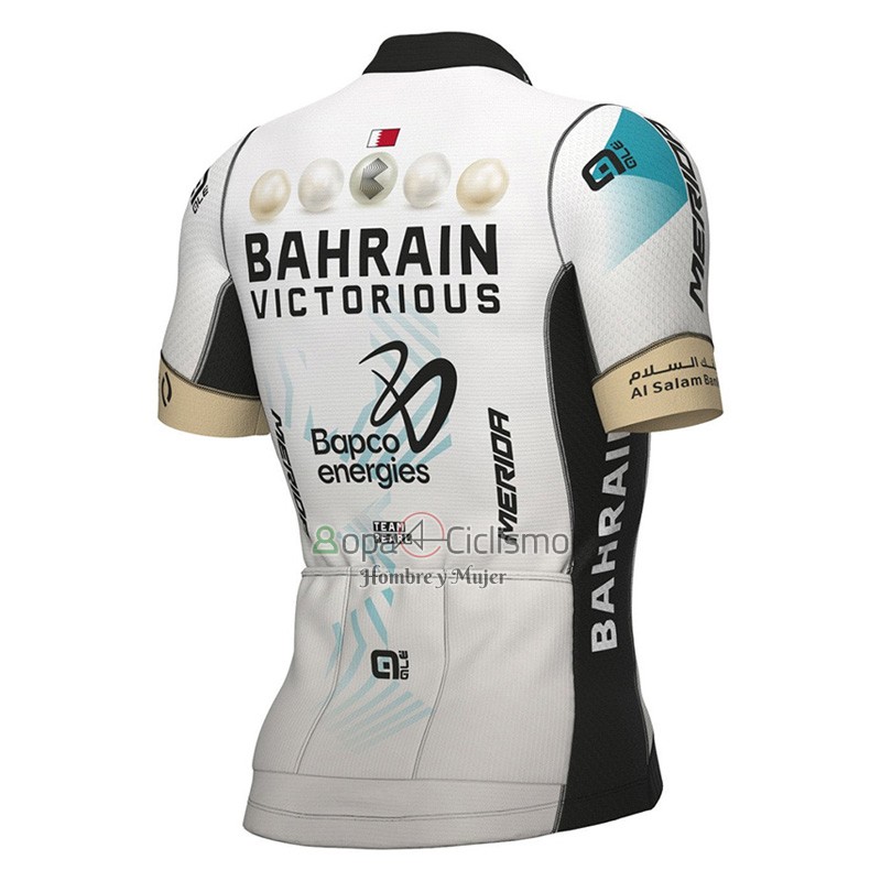 Bahrain Victorious Ropa Ciclismo Culotte Corto 2023 Mangas Cortas Blanco Azul